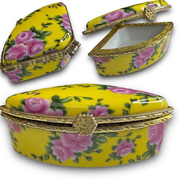 Vintage Hand Painted Small Yellow with Pink Roses & Gold Trim Porcelain Trinket - Picture 1 of 8